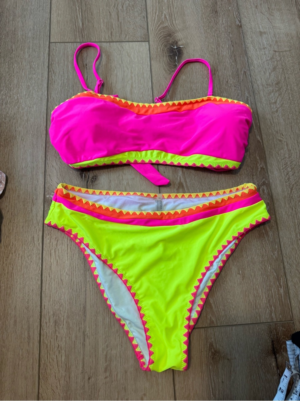 NEW Neon Colorblock High Waisted Women's Popvil Bikini Set XL Pink Orange Yellow - Picture 2 of 9